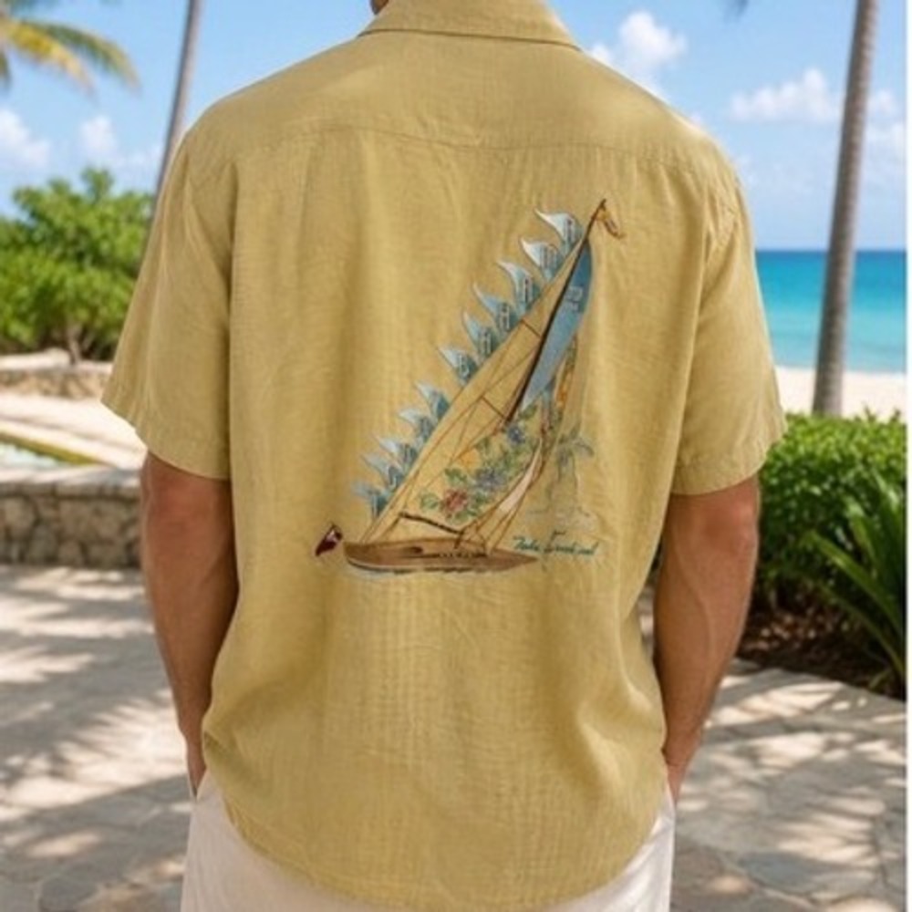 Tommy Bahama Relax 100% Silk Sailboat Embroidered Camp Shirt‎ Mens Large Yellow